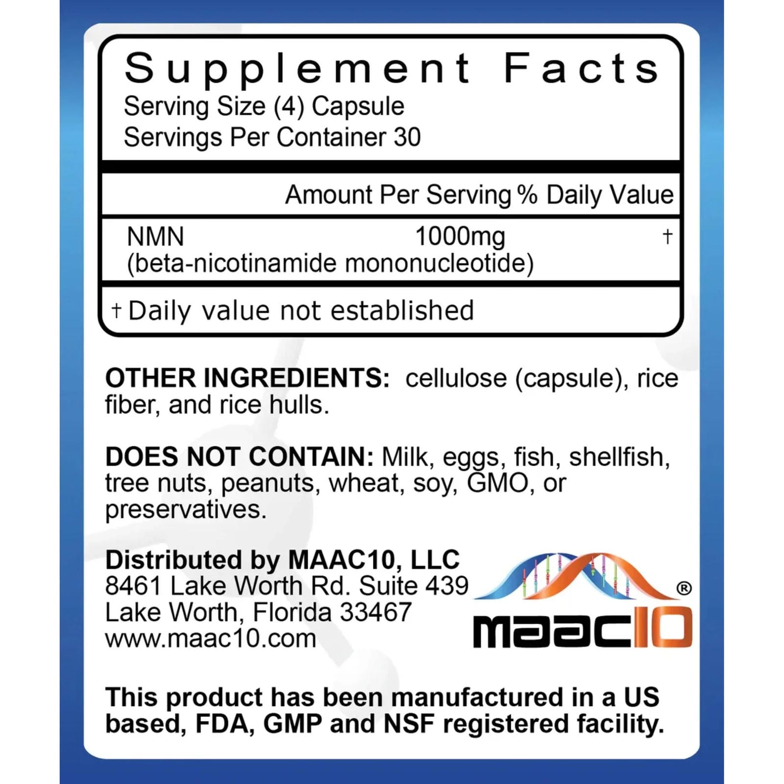 MAAC10 NMN 1000mg 120 cápsulas – Nicotinamida Mononucleótido de alta pureza